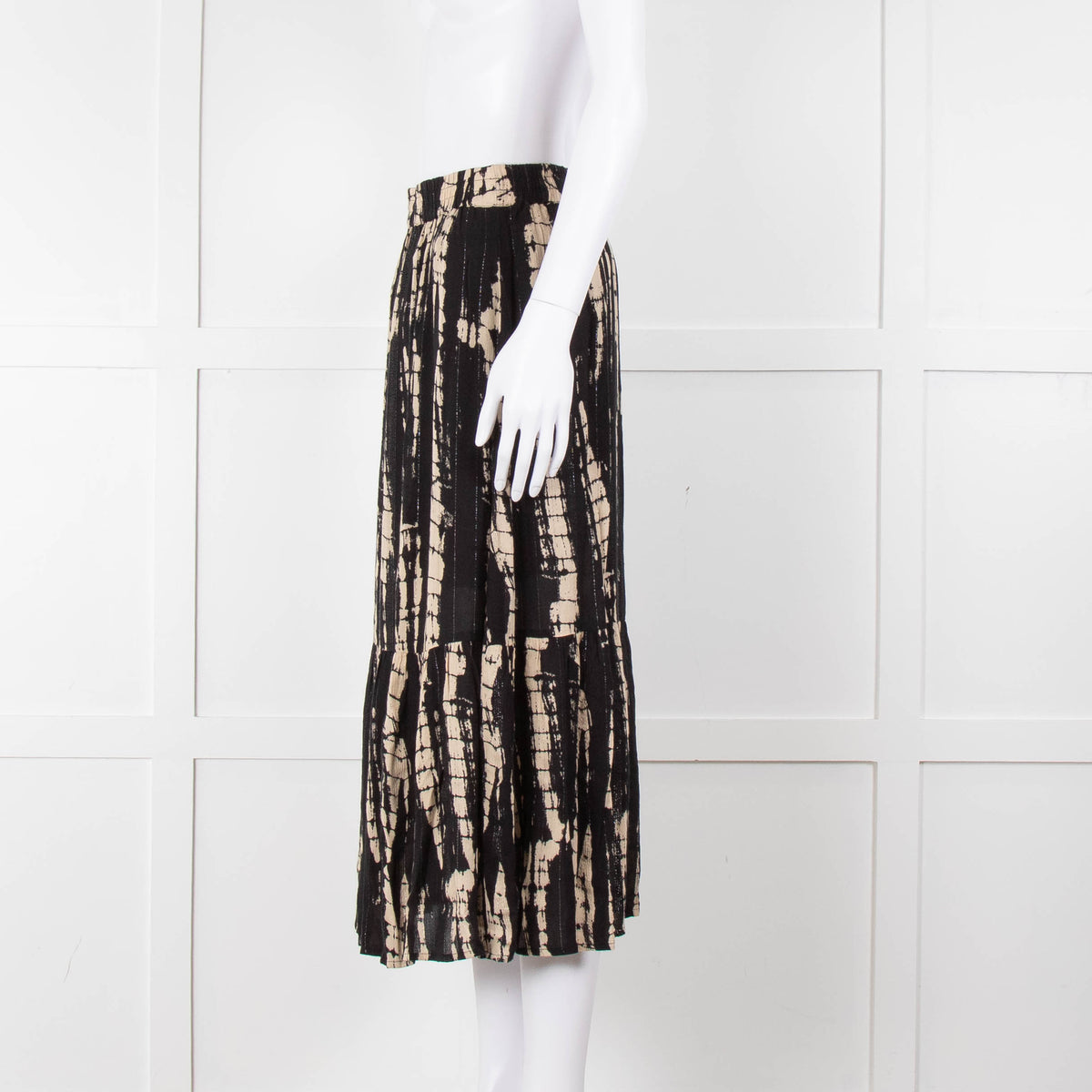 Ba&sh Black and Cream Tie Dye Midi Skirt with Lurex Thread