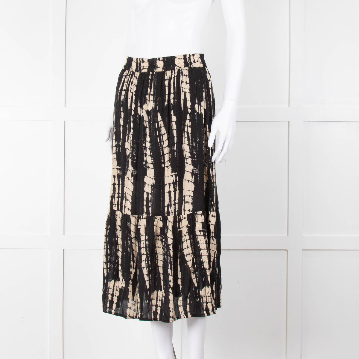 Ba&sh Black and Cream Tie Dye Midi Skirt with Lurex Thread