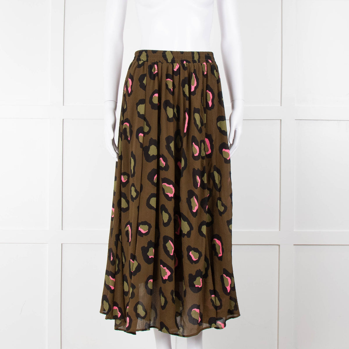 Essentiel Antwerp Khaki and Pink Leopard Midi Skirt