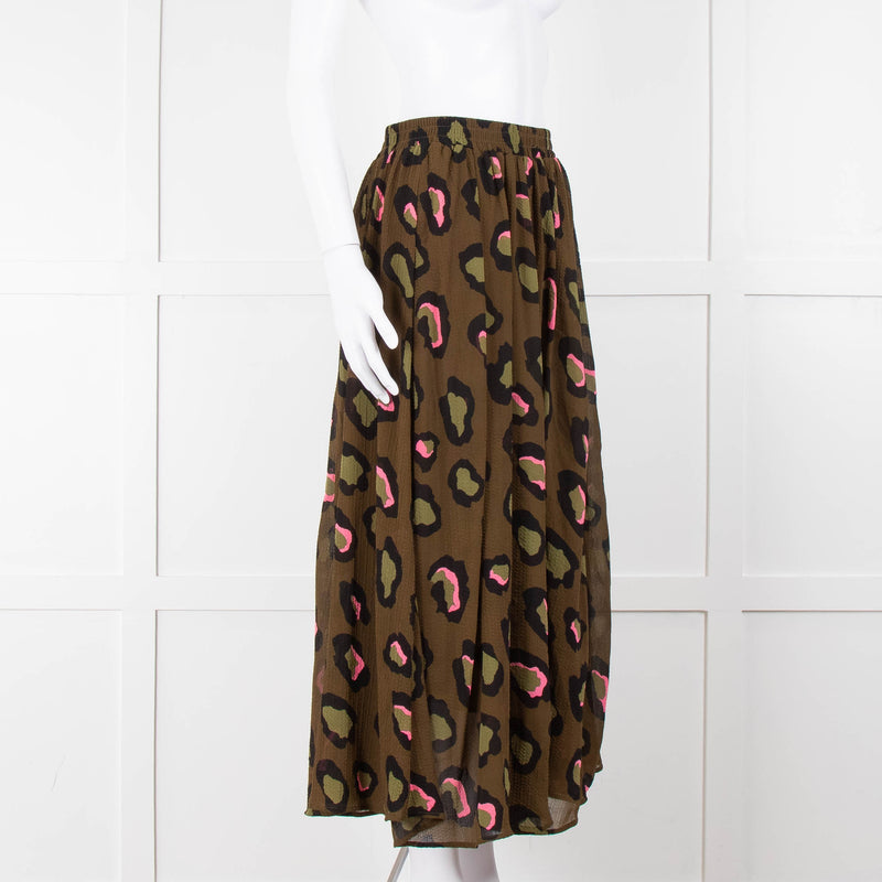 Essentiel Antwerp Khaki and Pink Leopard Midi Skirt