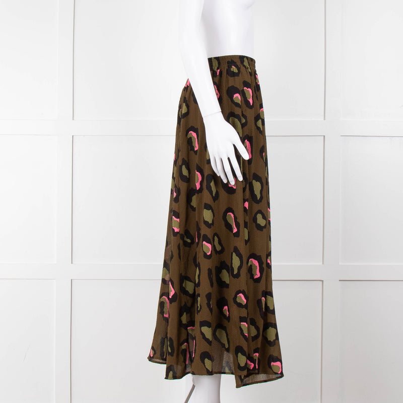 Essentiel Antwerp Khaki and Pink Leopard Midi Skirt
