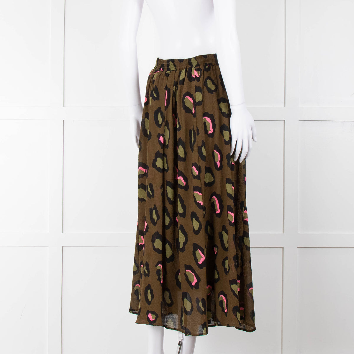 Essentiel Antwerp Khaki and Pink Leopard Midi Skirt