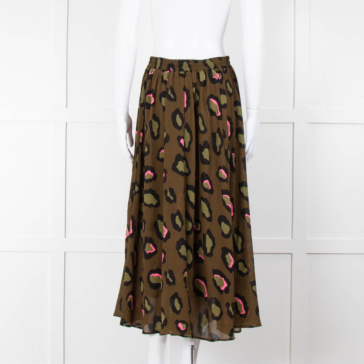 Essentiel Antwerp Khaki and Pink Leopard Midi Skirt