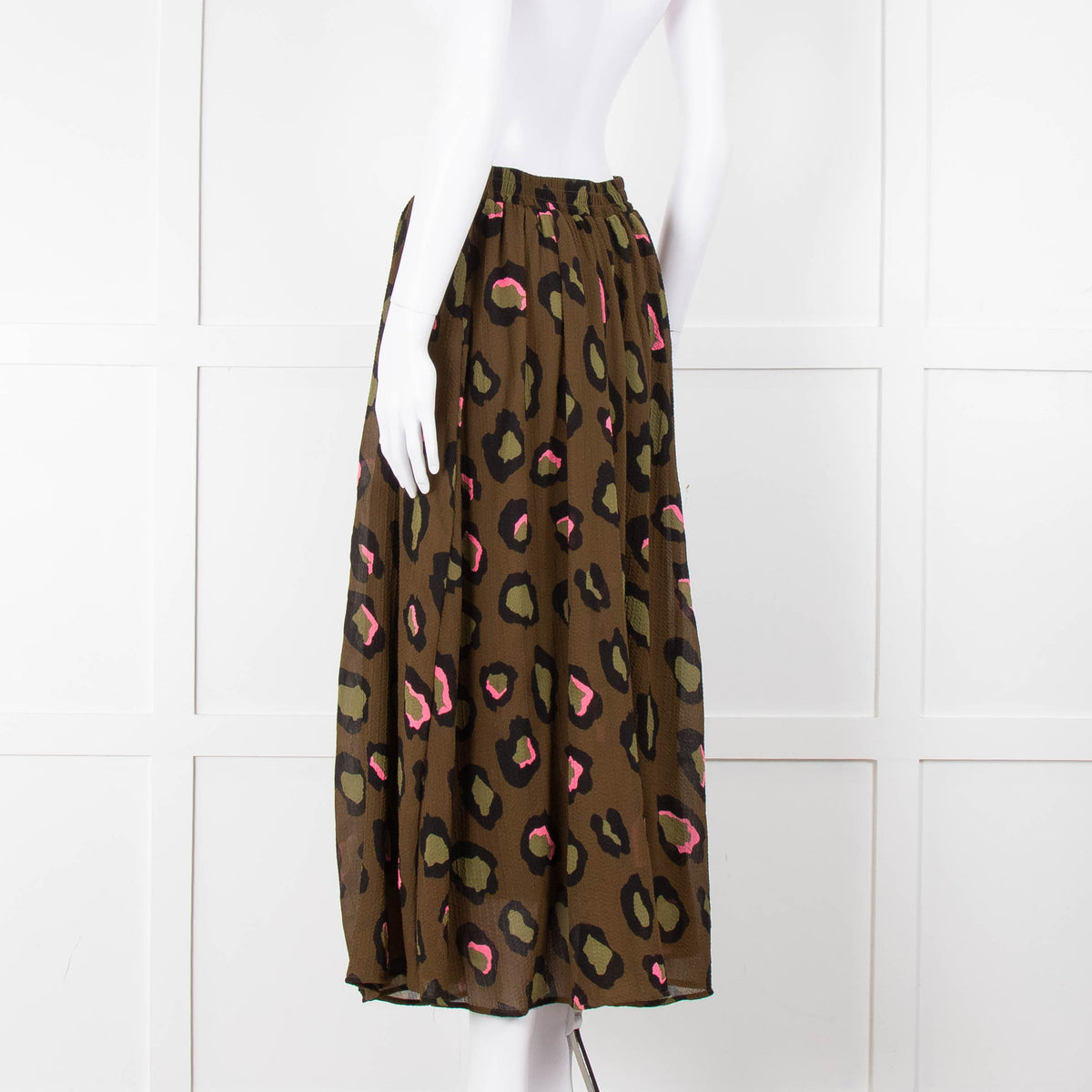 Essentiel Antwerp Khaki and Pink Leopard Midi Skirt
