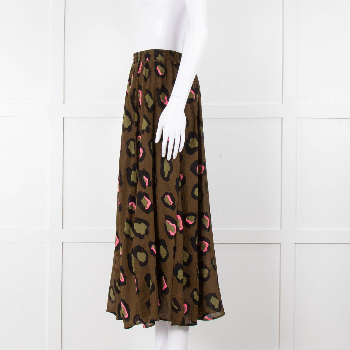 Essentiel Antwerp Khaki and Pink Leopard Midi Skirt