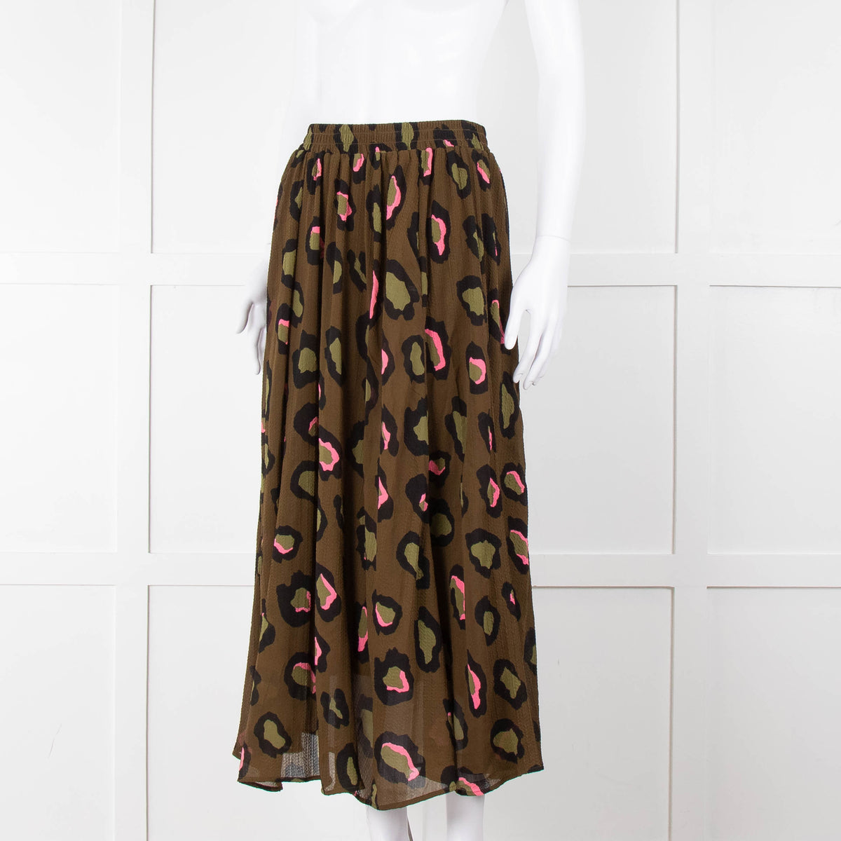 Essentiel Antwerp Khaki and Pink Leopard Midi Skirt
