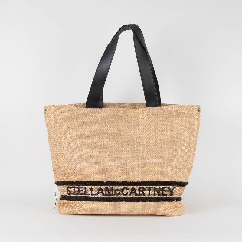 Stella McCartney Beige/Black Woven Raffia and Leather Logo Tote