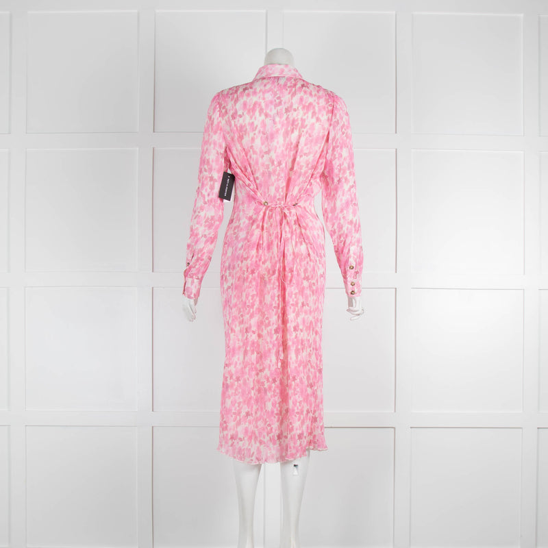 Ganni Pink Floral Patterned Plisse Georgette Midi Shirt Dress