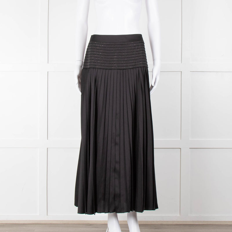 ME + EM Black Satin Plisse Skirt with Beaded Waist