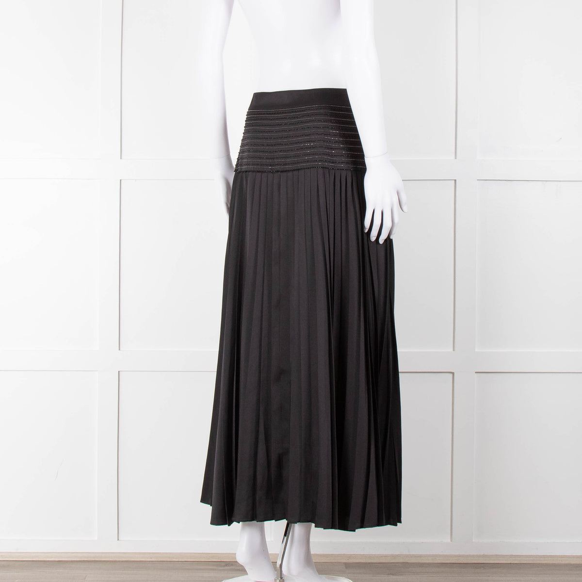 ME + EM Black Satin Plisse Skirt with Beaded Waist