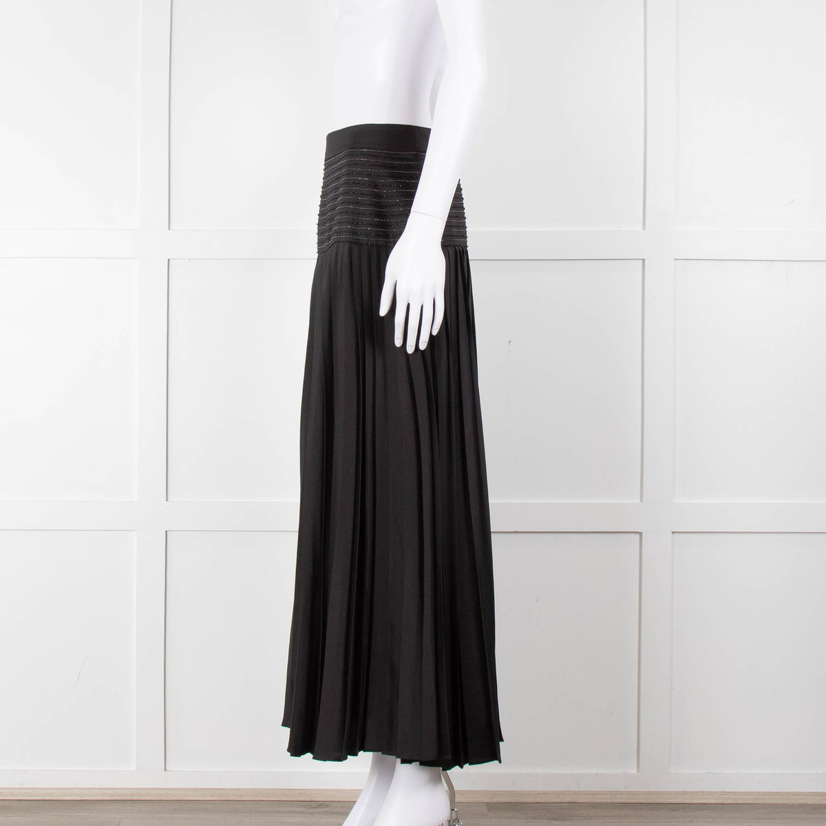 ME + EM Black Satin Plisse Skirt with Beaded Waist