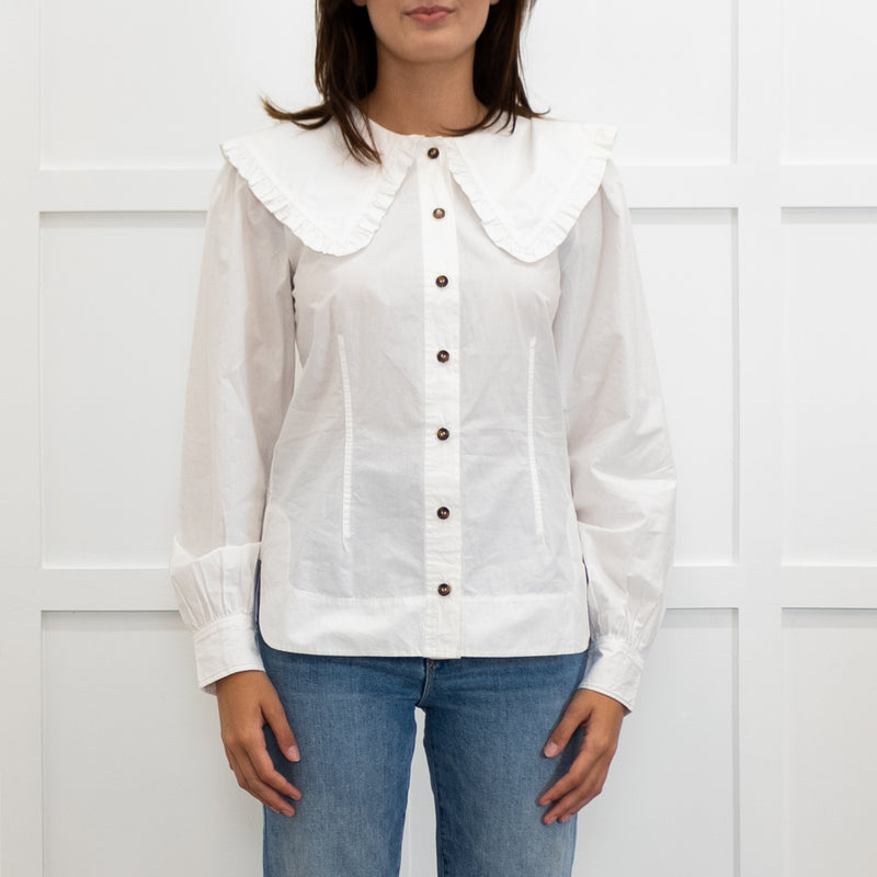Ganni White Oversized Collar Frilled Edge Detail Blouse