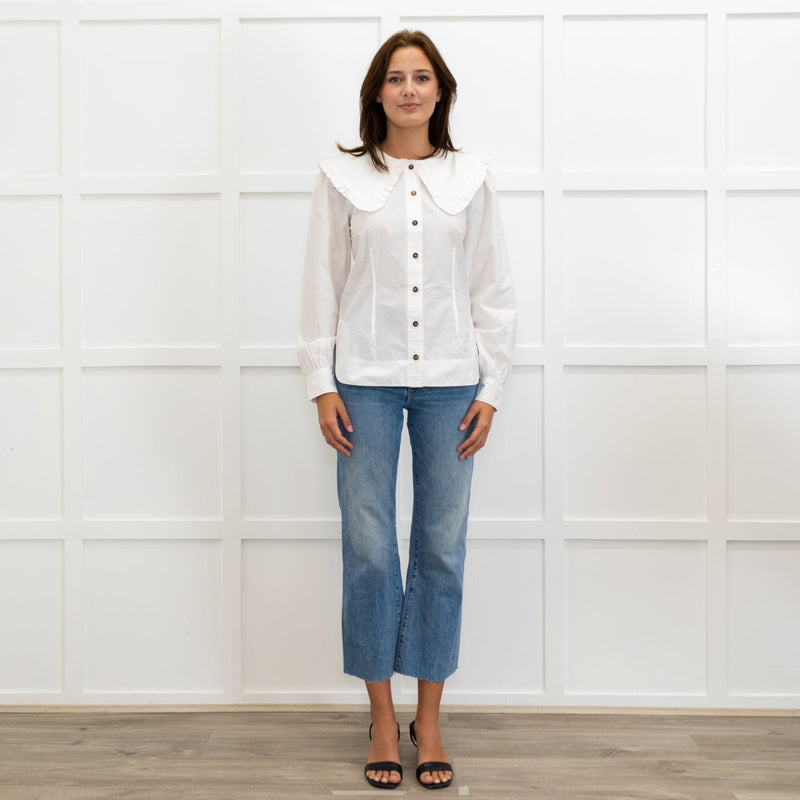 Ganni White Oversized Collar Frilled Edge Detail Blouse