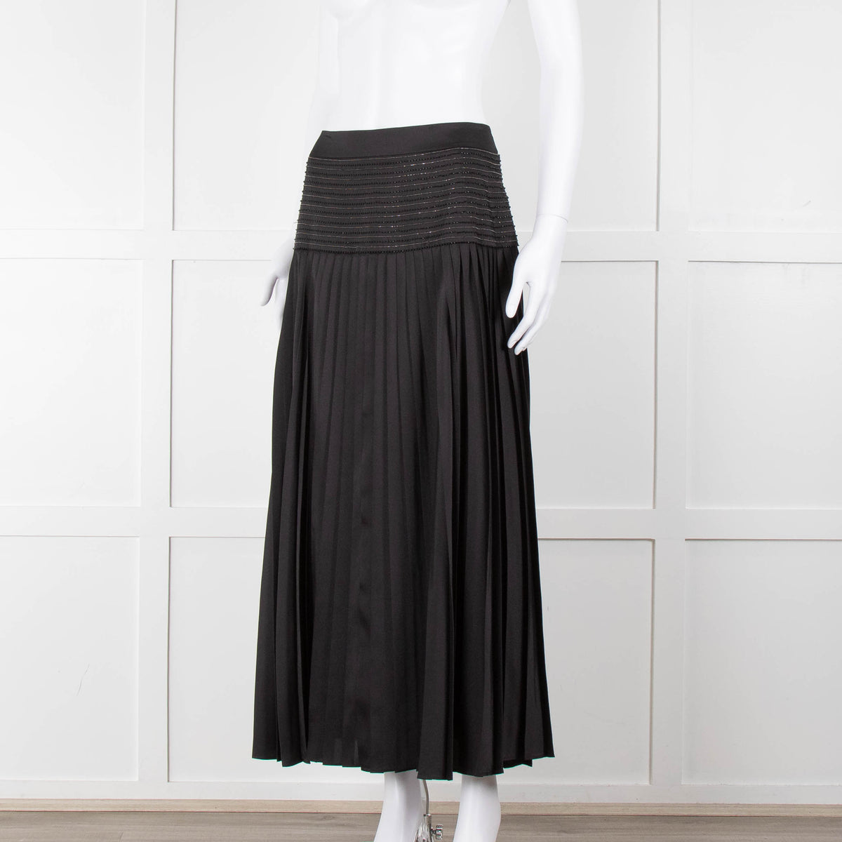 ME + EM Black Satin Plisse Skirt with Beaded Waist