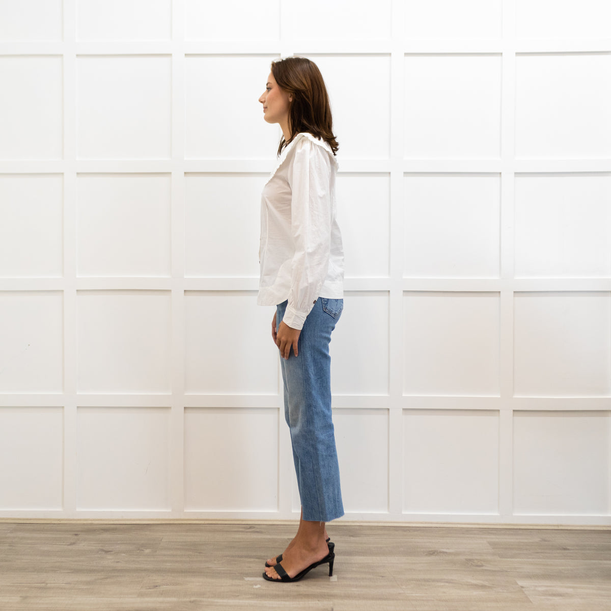 Ganni White Oversized Collar Frilled Edge Detail Blouse