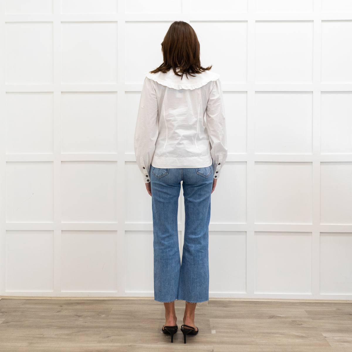 Ganni White Oversized Collar Frilled Edge Detail Blouse