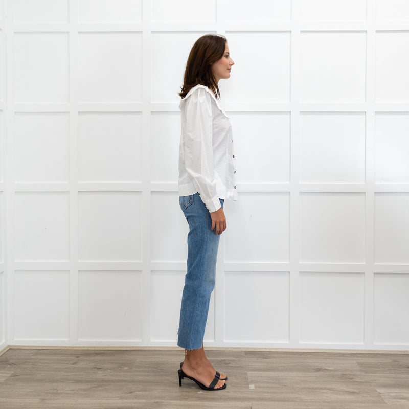 Ganni White Oversized Collar Frilled Edge Detail Blouse