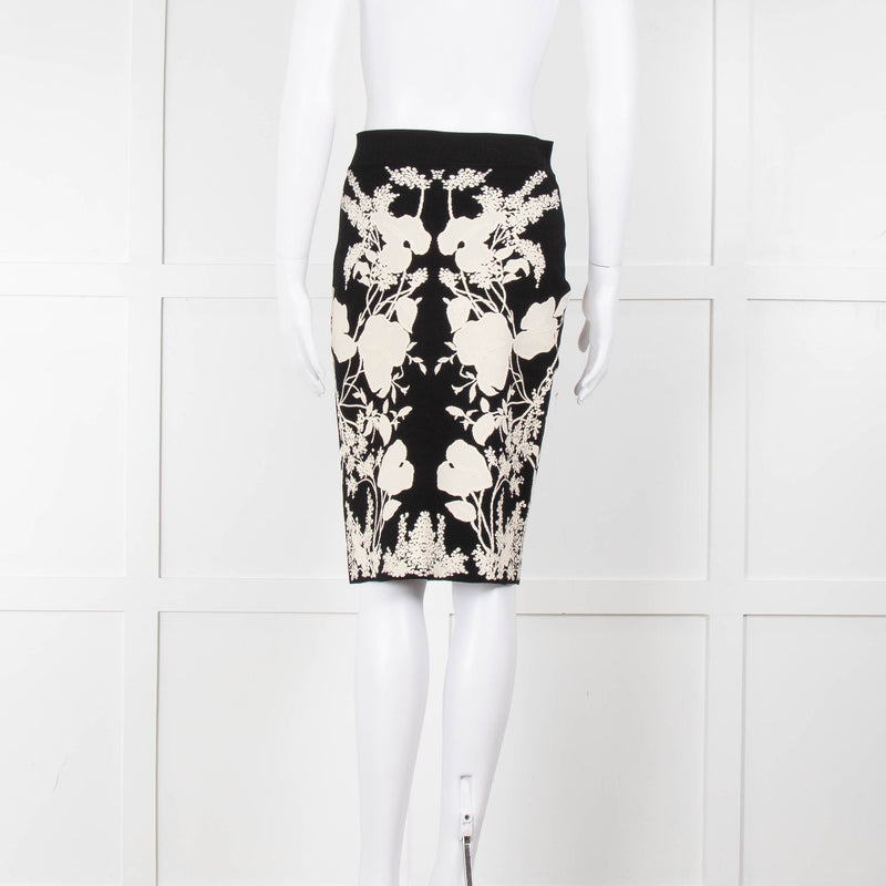 Alexander Mcqueen Black Stretch Skirt With White Flowers