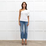 Veronica Beard White Ribbed One Shoulder Puff Top