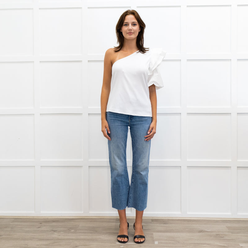 Veronica Beard White Ribbed One Shoulder Puff Top