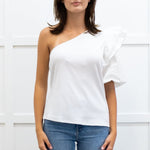 Veronica Beard White Ribbed One Shoulder Puff Top