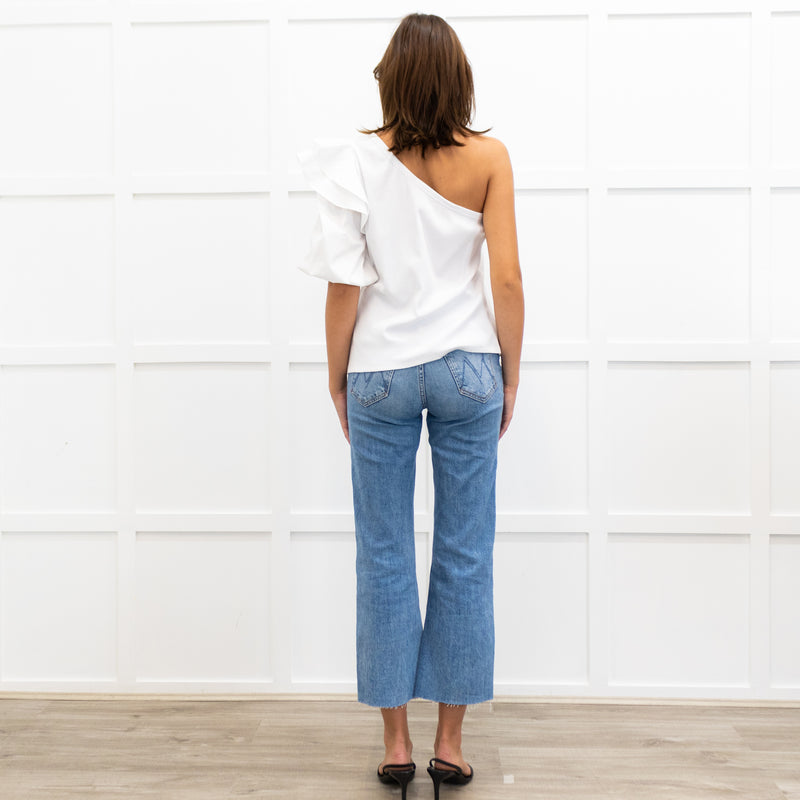 Veronica Beard White Ribbed One Shoulder Puff Top