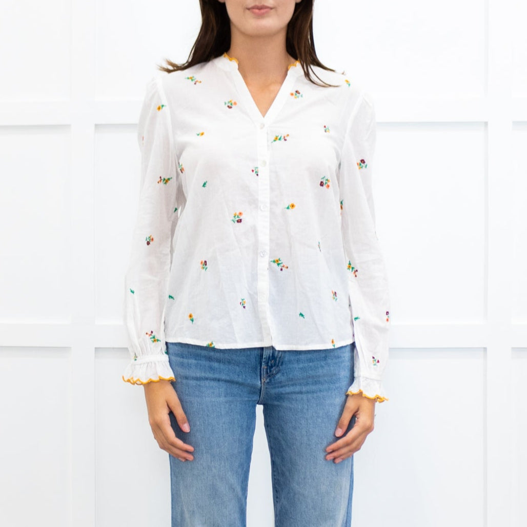 Wyse Cream Long Sleeve Flower Yellow Scallop Collar Blouse