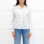 Wyse Cream Long Sleeve Flower Yellow Scallop Collar Blouse