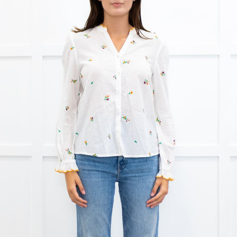 Wyse Cream Long Sleeve Flower Yellow Scallop Collar Blouse