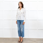 Wyse Cream Long Sleeve Flower Yellow Scallop Collar Blouse