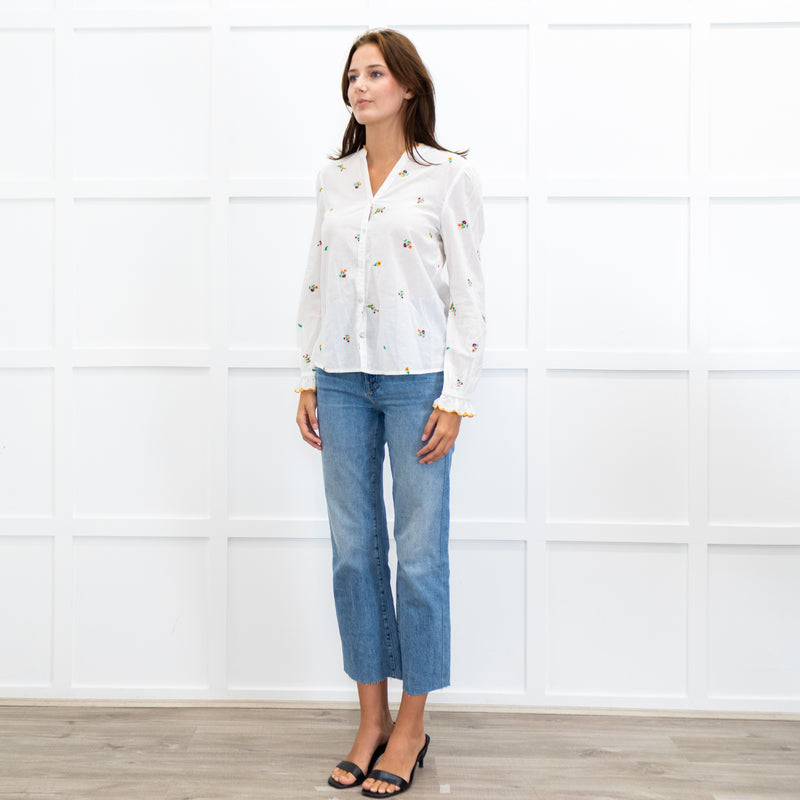 Wyse Cream Long Sleeve Flower Yellow Scallop Collar Blouse