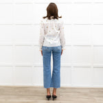 Wyse Cream Long Sleeve Flower Yellow Scallop Collar Blouse