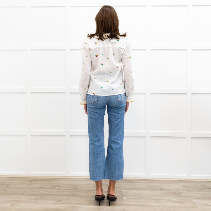 Wyse Cream Long Sleeve Flower Yellow Scallop Collar Blouse