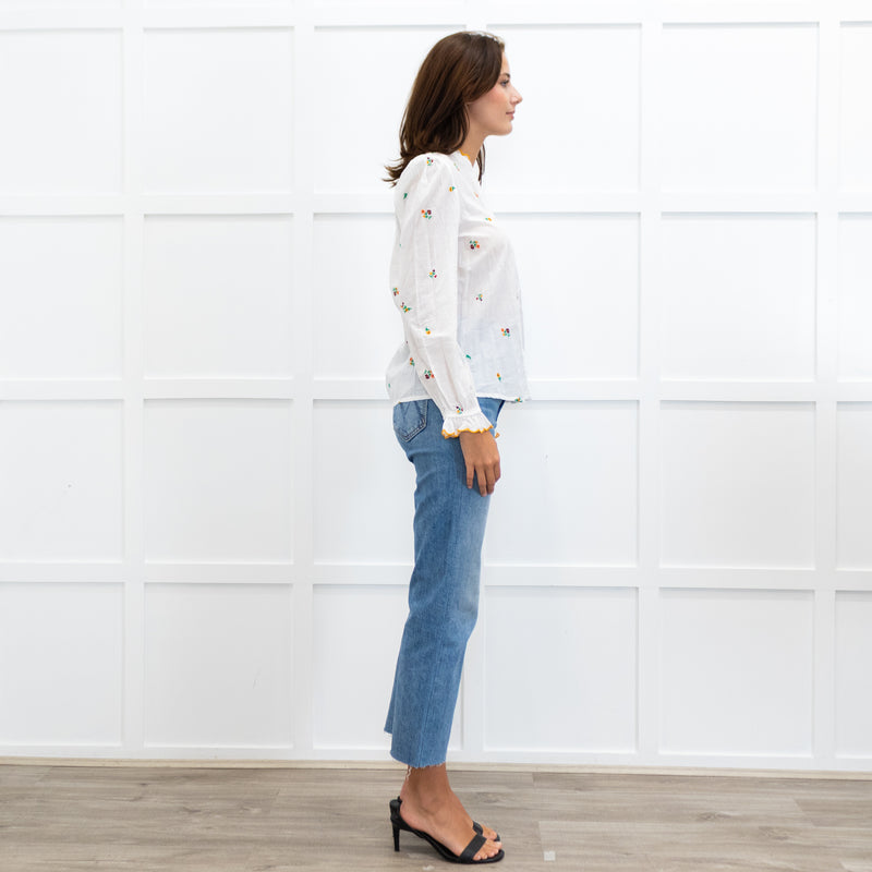 Wyse Cream Long Sleeve Flower Yellow Scallop Collar Blouse