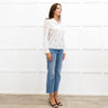 Wyse Cream Long Sleeve Flower Yellow Scallop Collar Blouse