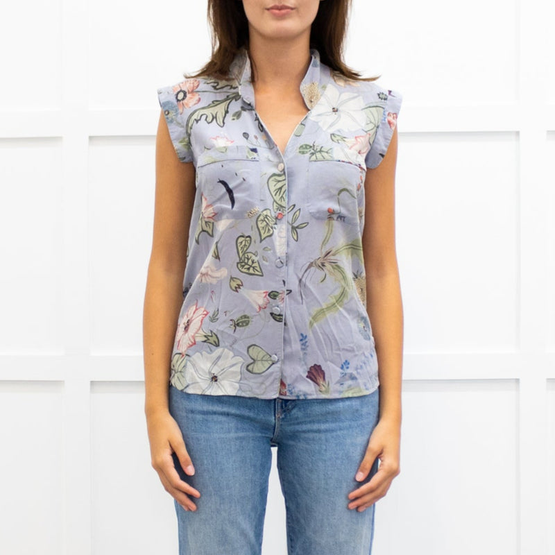 Gucci Powder Blue Flower Print Silk Sleeveless Shirt