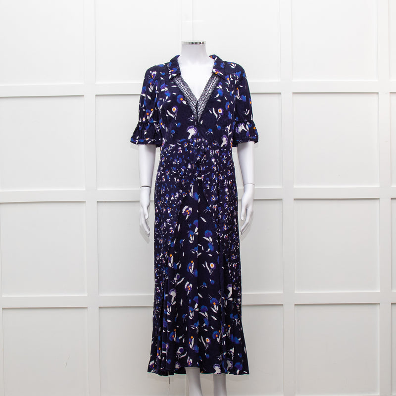 Self Portrait Navy White Floral Short Sleeve Long Dress
