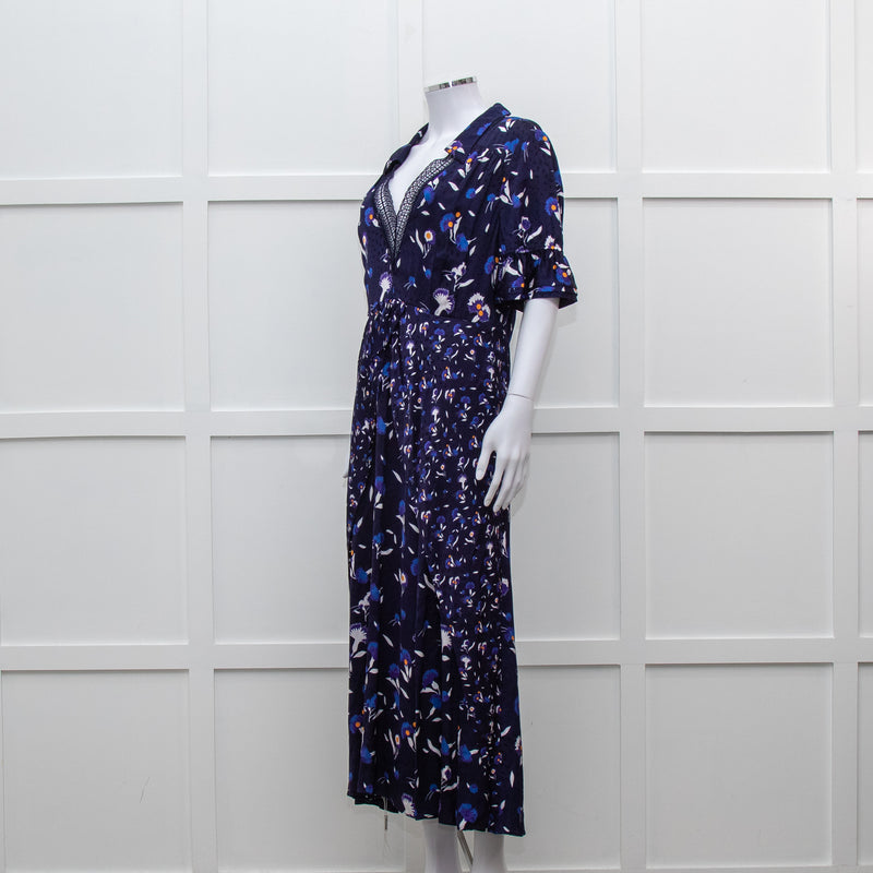 Self Portrait Navy White Floral Short Sleeve Long Dress