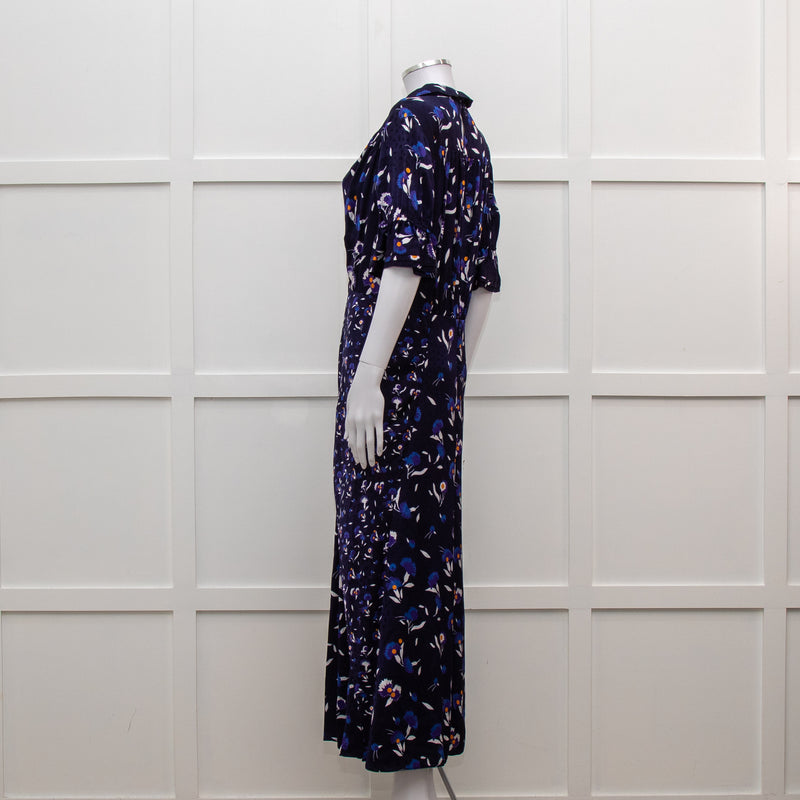 Self Portrait Navy White Floral Short Sleeve Long Dress