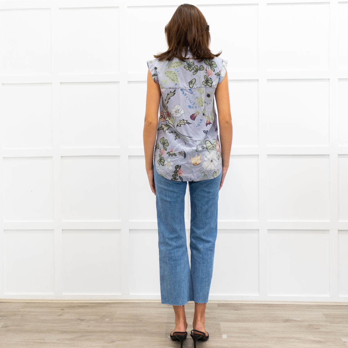 Gucci Powder Blue Flower Print Silk Sleeveless Shirt