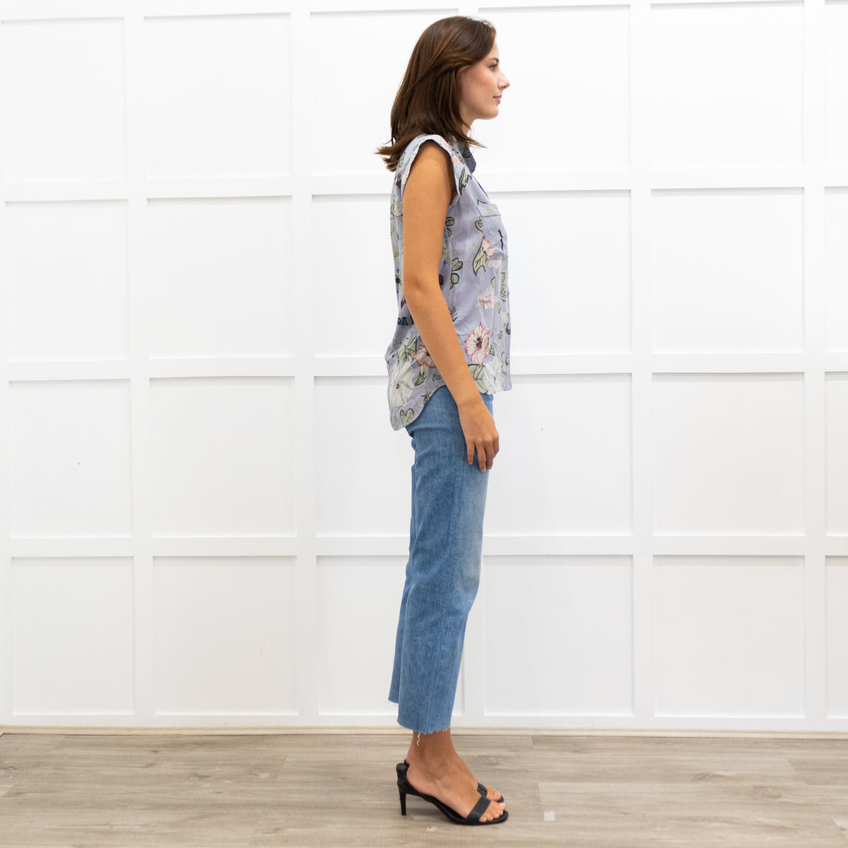 Gucci Powder Blue Flower Print Silk Sleeveless Shirt