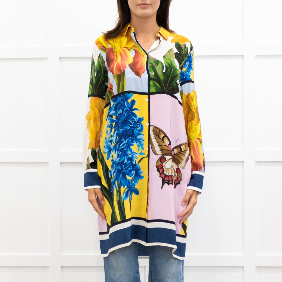 Weekend Max Mara Yellow Pink Green Silk Botanical Print Shirt Dress