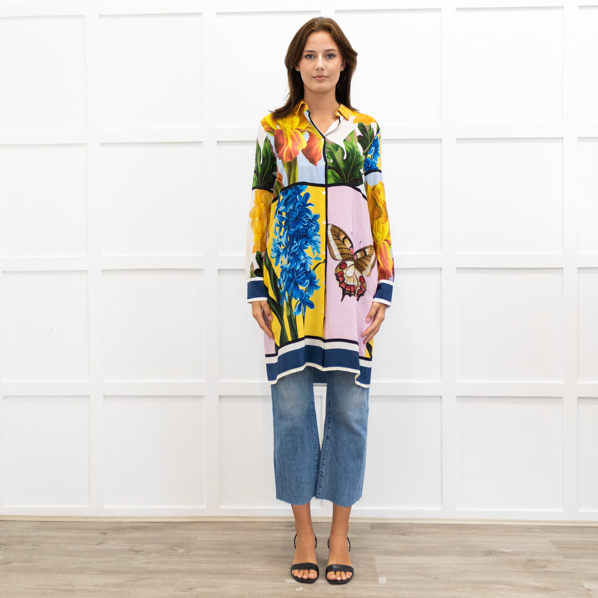 Weekend Max Mara Yellow Pink Green Silk Botanical Print Shirt Dress