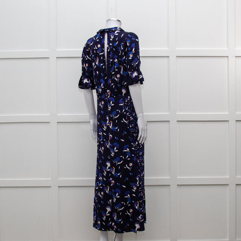 Self Portrait Navy White Floral Short Sleeve Long Dress