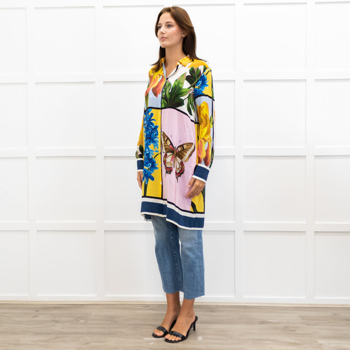 Weekend Max Mara Yellow Pink Green Silk Botanical Print Shirt Dress