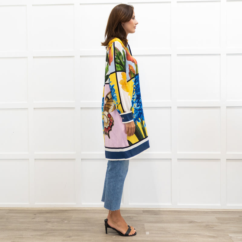 Weekend Max Mara Yellow Pink Green Silk Botanical Print Shirt Dress