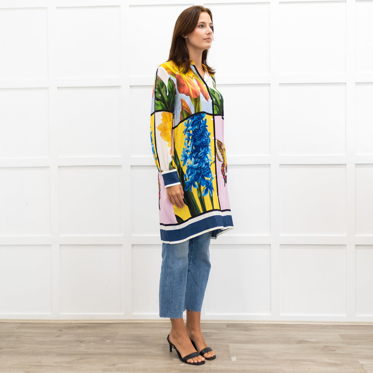 Weekend Max Mara Yellow Pink Green Silk Botanical Print Shirt Dress