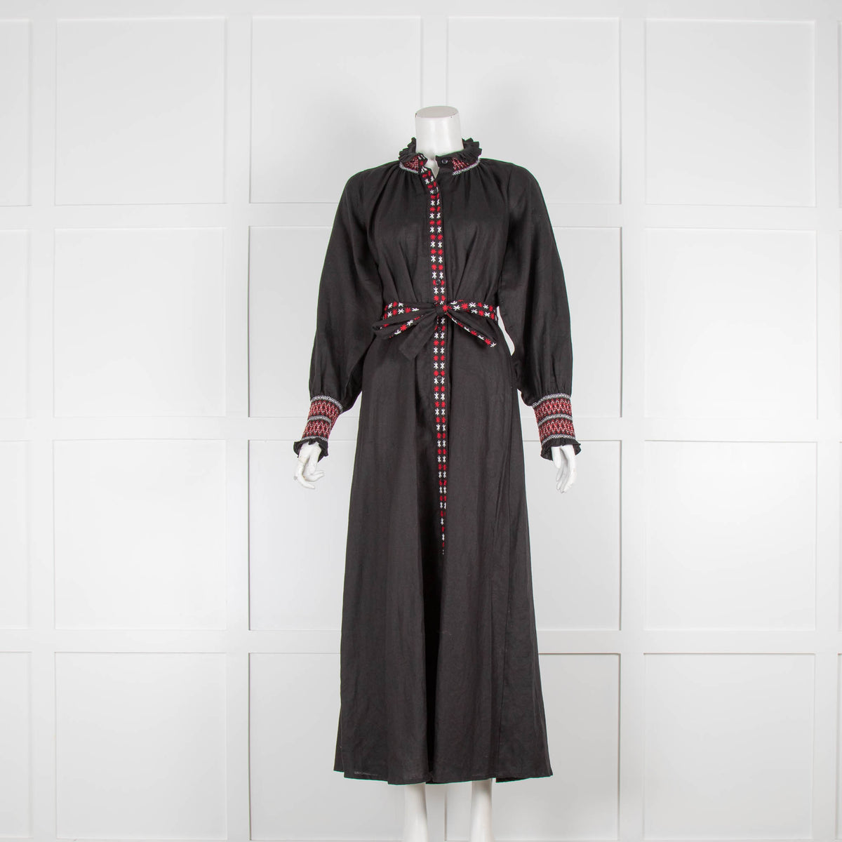 Muzungu Sisters Black Linen Red Stitch Long Sleeve Maxi dress