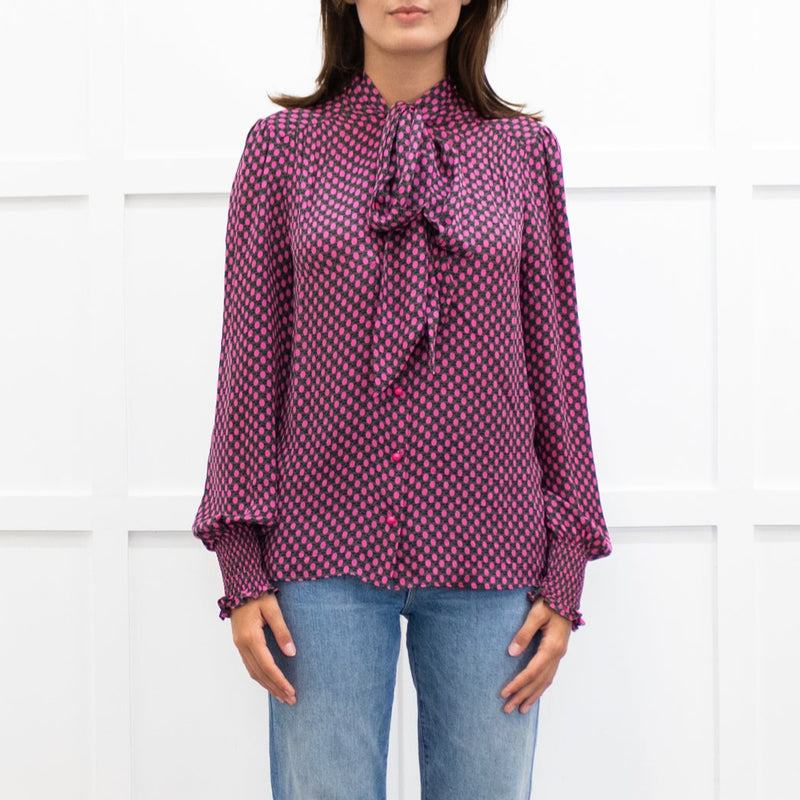 Me+Em Khaki And Pink Spot Silk Tie Neck Blouse