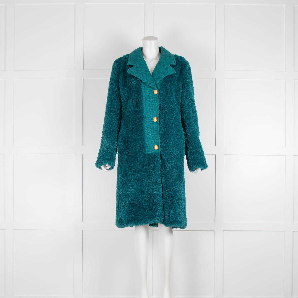Boutique Moschino Teal Faux Fur Gold Button Coat